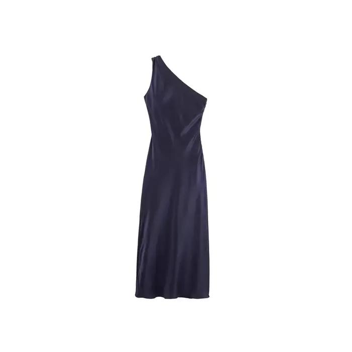 Robe longue élégante asymétrique en satin de soie, design tendance, style streetwear, taille haute, coupe ajustée, sexy, pour le quotidien