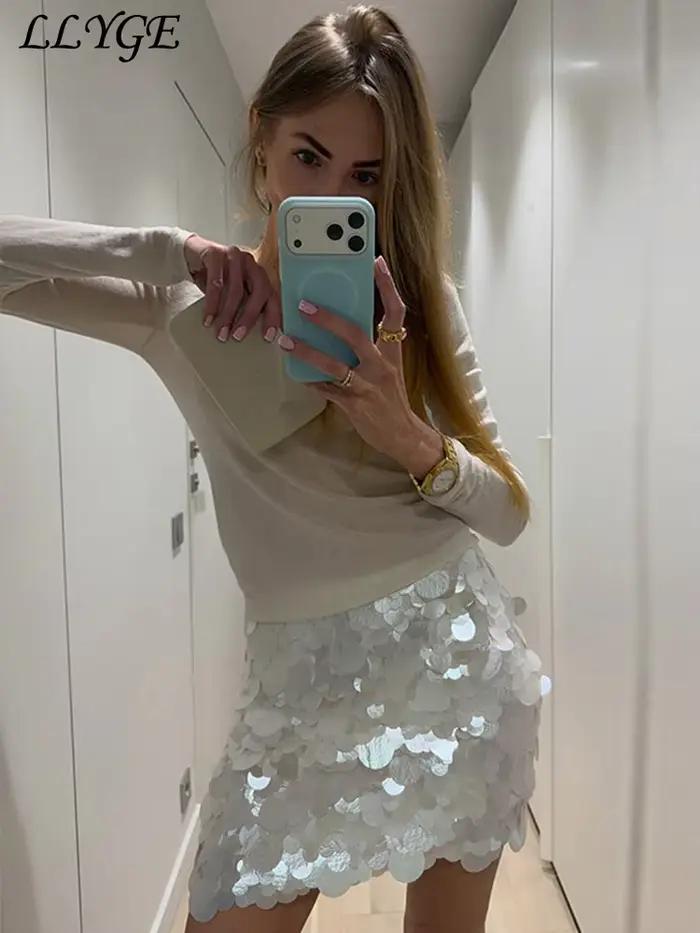 Jupe mini sexy à sequins pour femmes style Y2K haute taille coupe trapèze soirée plage printemps été 2026