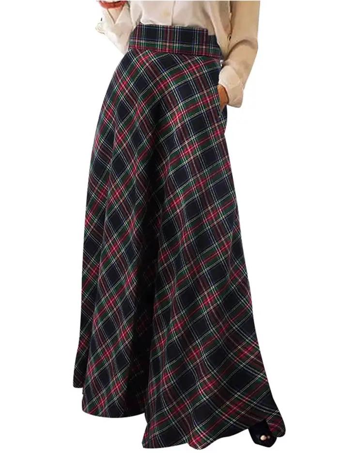 Jupe longue à carreaux pour femmes, Robe d'été décontractée, Taille haute, A-ligne, Vintage, Maxi, Automne, Mode, Polyester, Style décontracté, Vintage, Occasions spéciales
