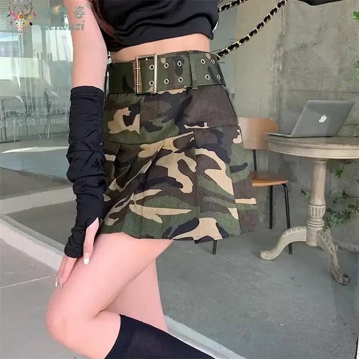 Robe d'été femme Rue femmes Camouflage Denim plissé Mini jupes danse école filles taille haute ceinture