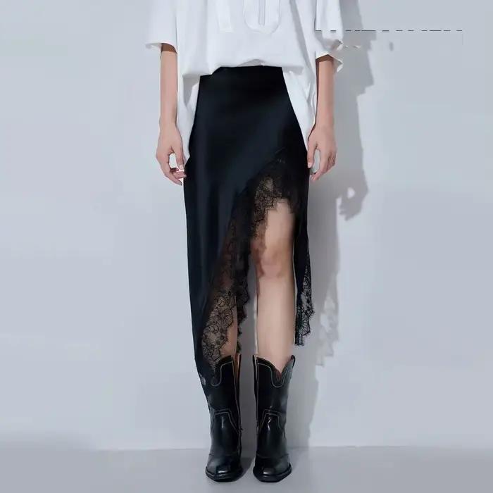 Été noir Satin Jupe Midi femmes dentelle Patchwork
