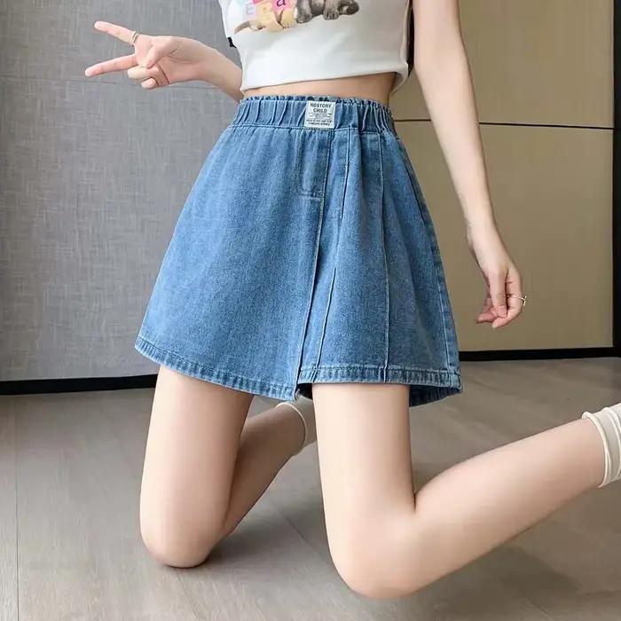 Jupe-short en jean à taille élastique effet deux pièces pour femme