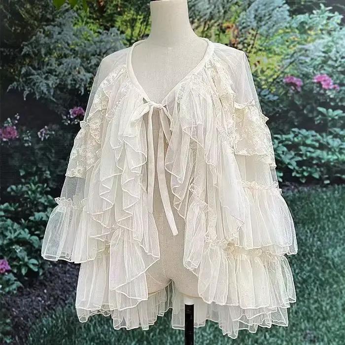 Gothique Lolita dentelle maille volants fée princesse jupe de fête femmes asymétrique mignon rideau pure couvrir mince