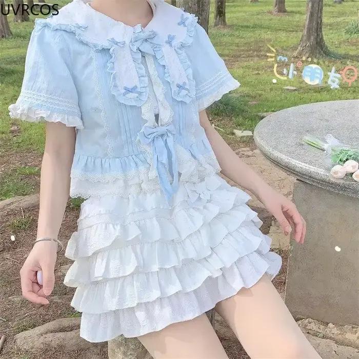 Style japonais Kawaii Lolita Mini jupe femmes gothique taille haute à volants jupes à plusieurs niveaux doux Girly été