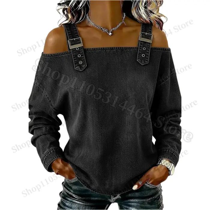 Haut en jean pour femme, élégant haut à épaules dénudées à manches longues avec bretelles, chemise en jean élégante et polyvalente