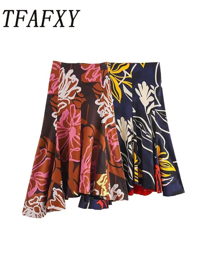 TFAFXY Jupe femme ourlet asymétrique imprimé jupes mi-longues