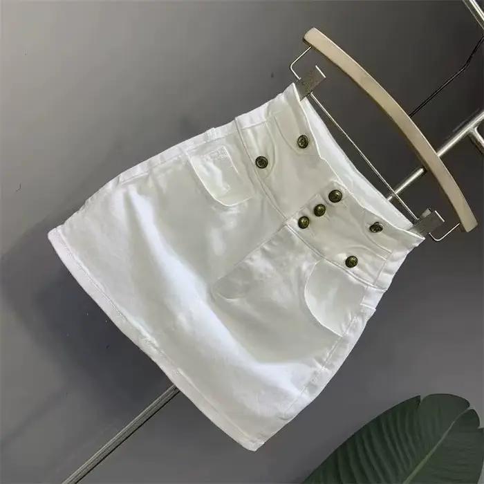 Nouvelle jupe en jean taille haute blanche bouton a-word jupes de hanche pour les femmes avec poche