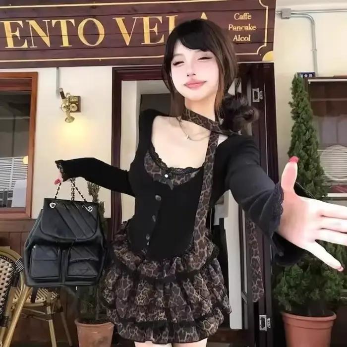 Ensemble Punk rétro sexy junior KAMEHARA en polyester haut manches longues jupe à gâteau pour femmes toutes les saisons occasions spéciales