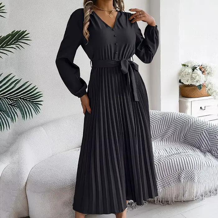 Femmes automne printemps jupe longue robe élégante col en V boutonné à lacets plissé décontracté à manches longues dame