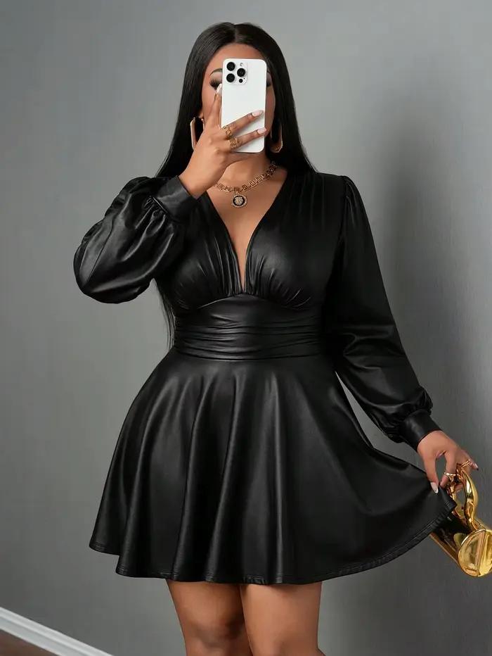 Jupe en polyester grande taille pour femmes, col en V profond, manches lanternes, silhouette trapèze cintrée à la taille, ensemble sexy pour filles, occasions spéciales et tenues de soirée