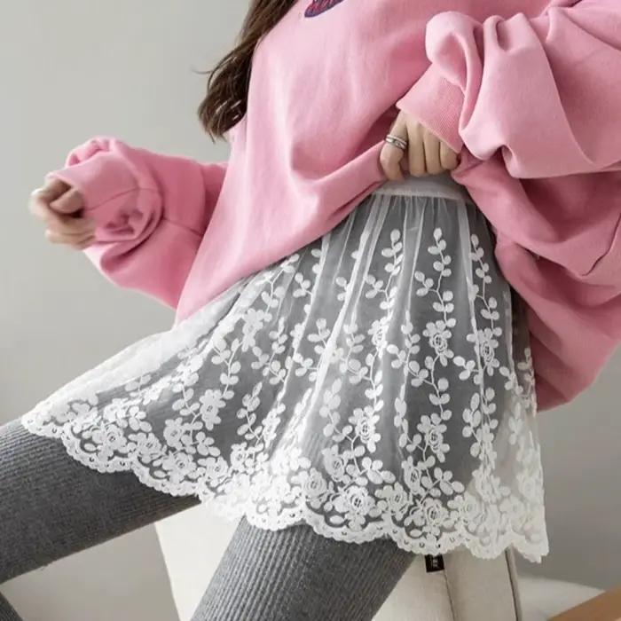 Jupon court taille haute en dentelle transparente brodé de fleurs pour femme