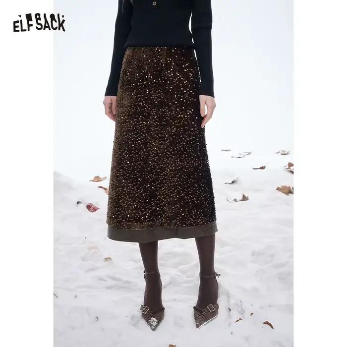 ELFSACK 2025 jupe en velours à paillettes pour femmes