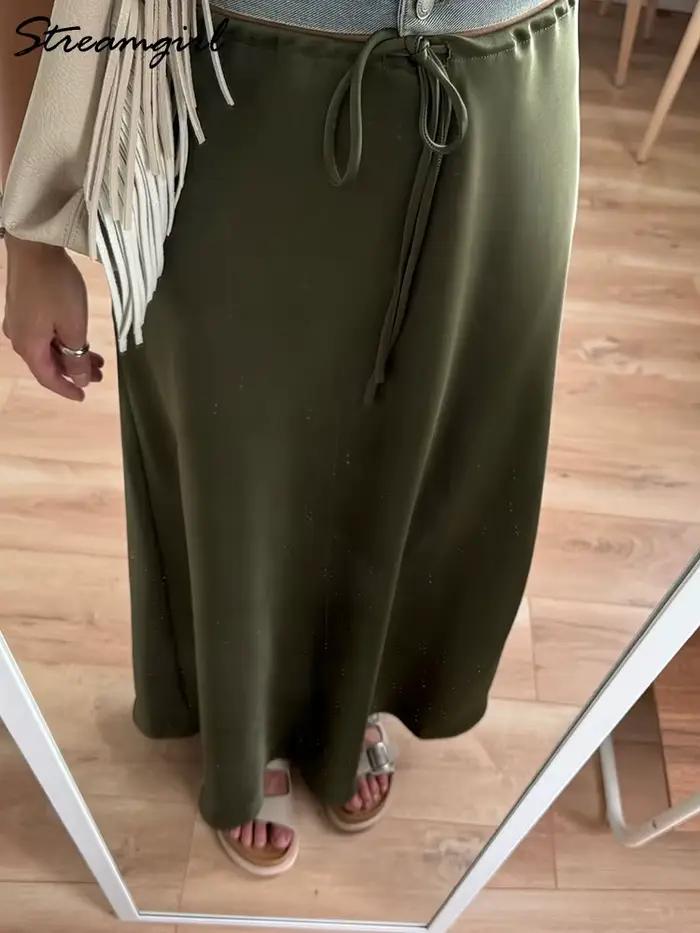 Champagne jupes longues pour femmes élégant 2025 luxe Satin jupe longue Beige une ligne cravate armée vert Maxi