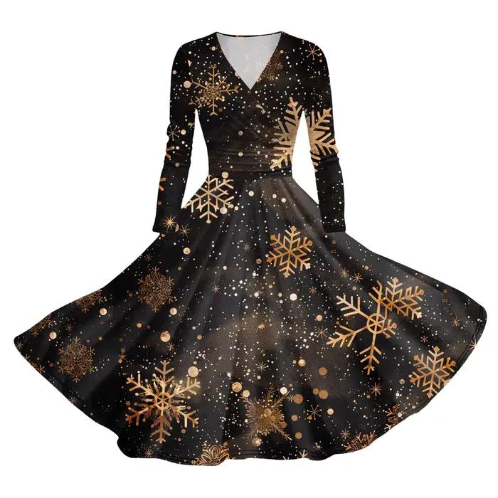 Robes de cocktail rouges pour femmes, manches longues, robe pin-up, mince, imprimé bonhomme de neige, balançoire, Noël, nouvel an, mode