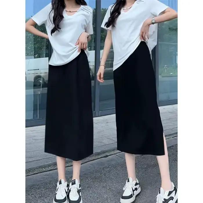 Jupe midi noire grande taille à fente latérale pour femme