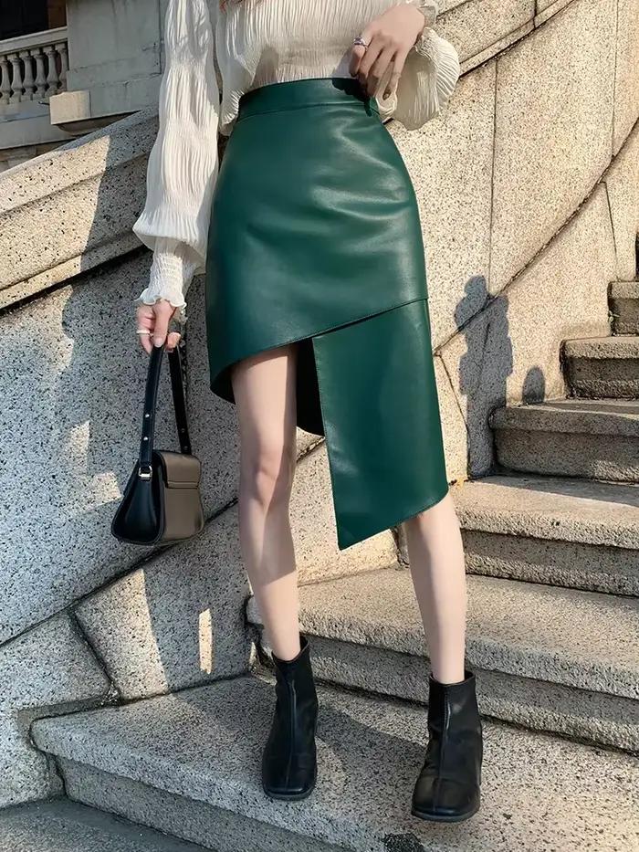 Jupe irrégulière taille haute en peau de mouton véritable pour femmes