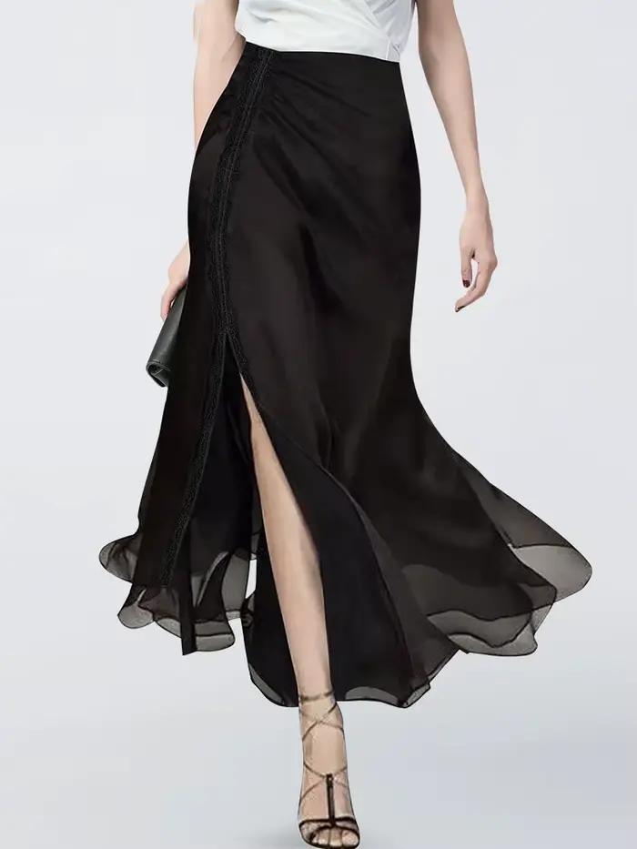 Jupe trapèze en mousseline de soie noire pour femme