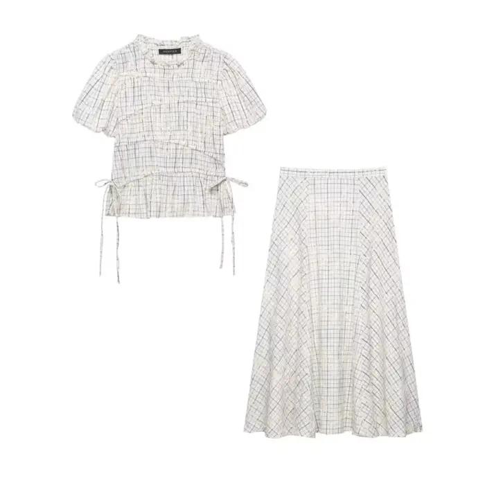 Ensemble jupe taille haute pour femme haut à col volanté et jupe évasée brodée deux pièces printemps été occassions spéciales