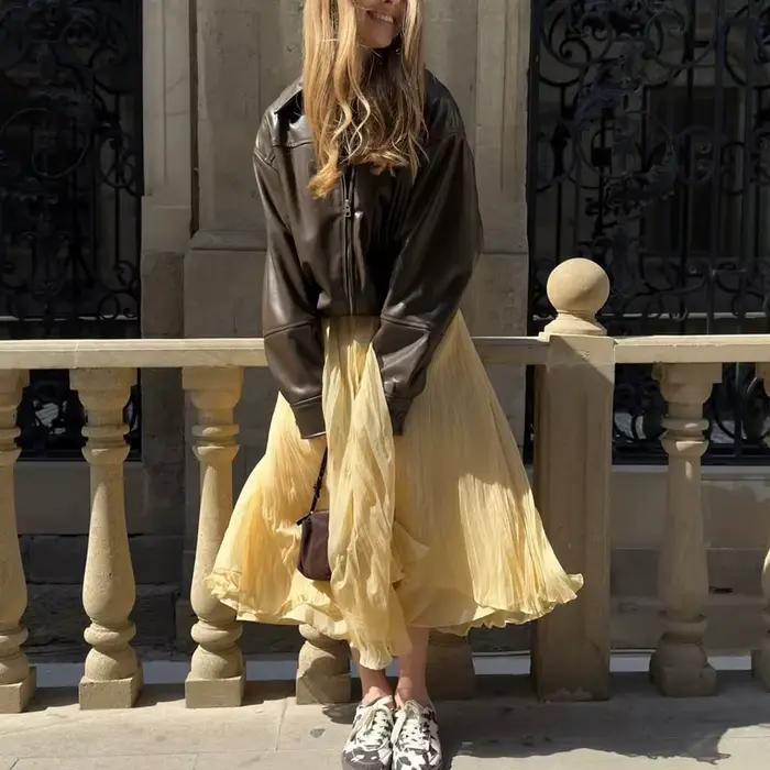 MUJER jupes longues plissées jaunes pour femmes jupe Midi taille haute superposée femme été