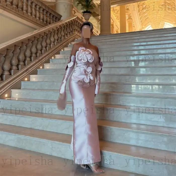 Robe de soirée sans bretelles personnalisée, moderne, avec des appliques florales 3D, longueur cheville, robe de bal droite, épaules dénudées, longue robe en Satin