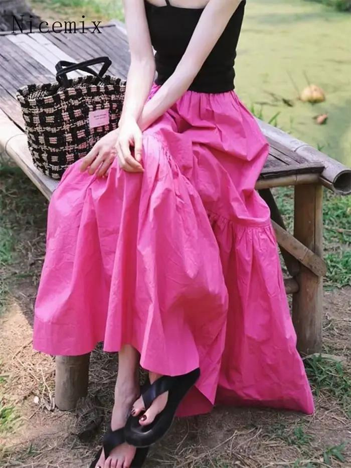 Nicemix Style coréen Rose rouge jupe pour les femmes été français haut de gamme taille haute ample décontracté a-ligne minceur grandes jupes longues