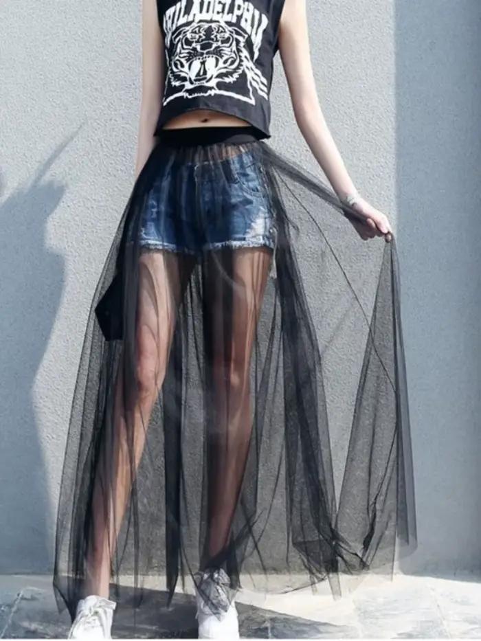 Jupe longue en dentelle pour femmes, noire et blanche, décontractée, taille basse, style bohème, sexy, transparente, maxi, été, 2024 ```