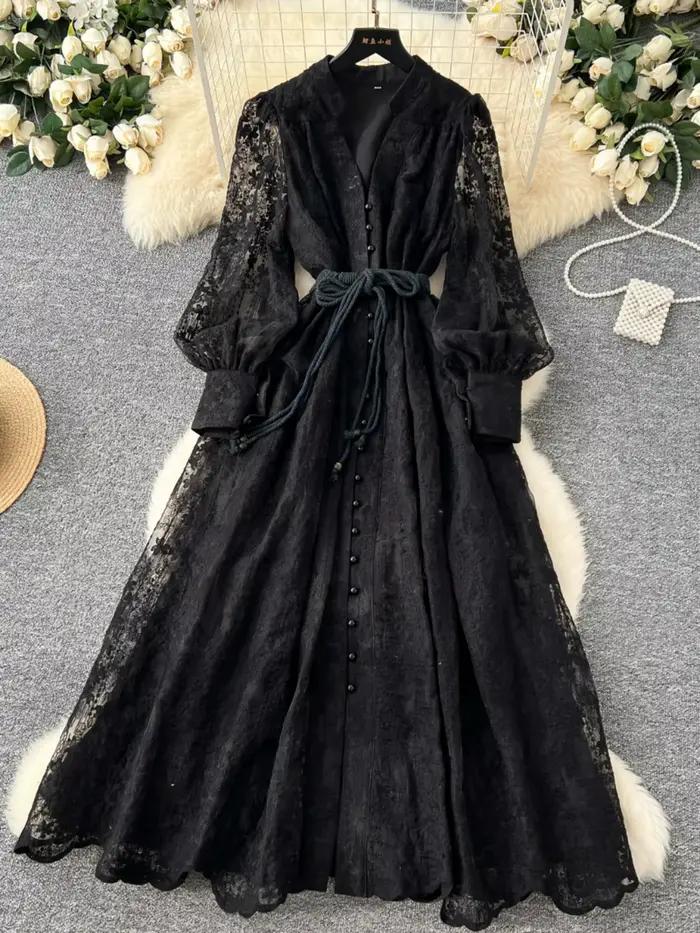 Robe de soirée Smlinan broderie florale polyester longue à manches longues boutonnage simple pour femmes occasions spéciales printemps été