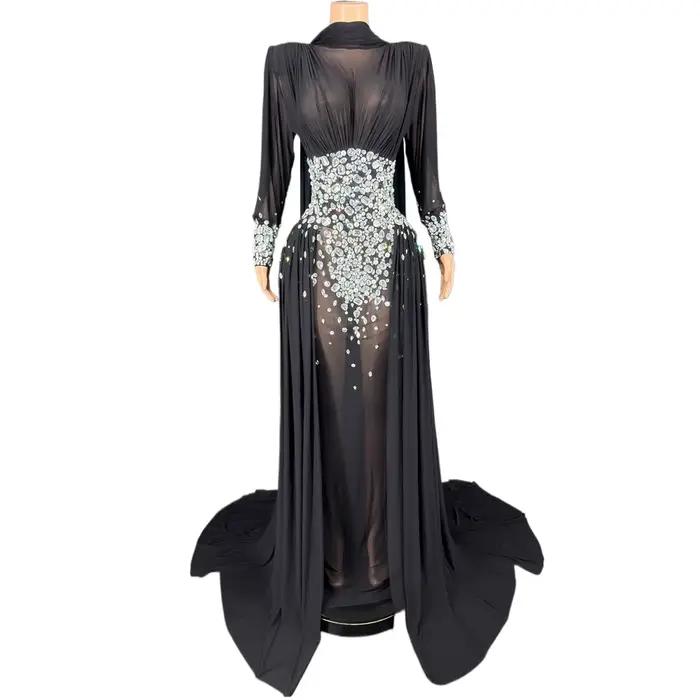 Robe longue élégante en strass pour femmes, maille Sexy transparente, tenue de soirée, bal d'anniversaire, séance Photo