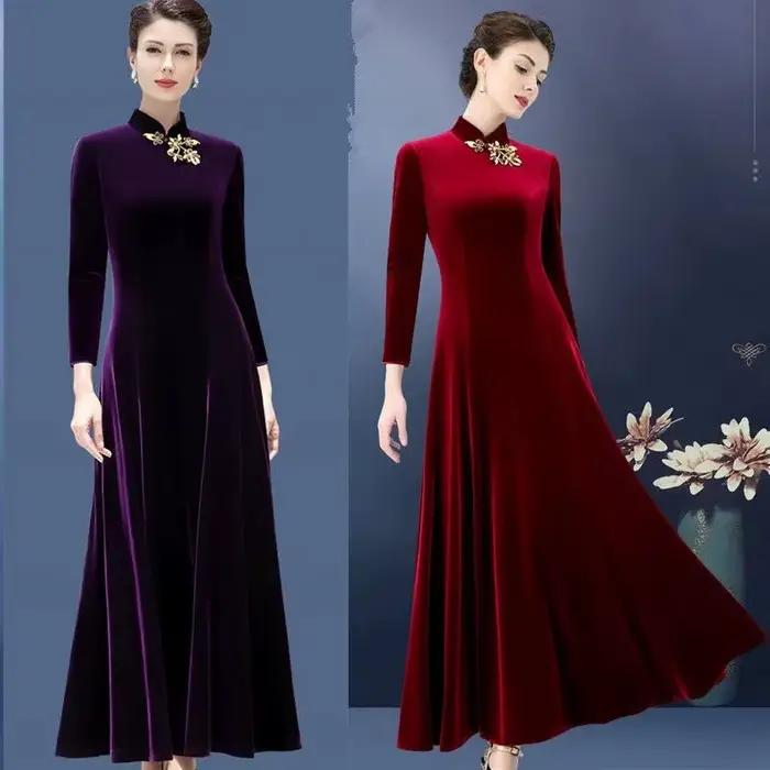 Robe Maxi en Velours localité à Manches sulfpour Femme, Style Ethnique, Nouvelle Mode Éducative, Printemps et Automne