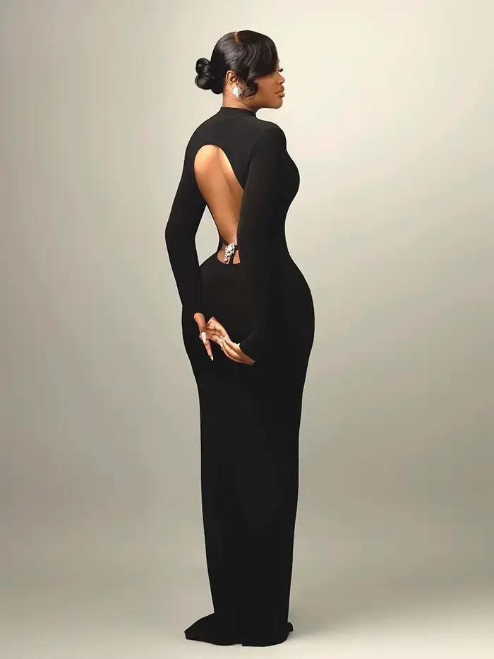 Robe moulante noire sexy pour femme, robe dos nu, robe de soirée sirène à manches longues printemps-été, robe maxi élégante pour événement