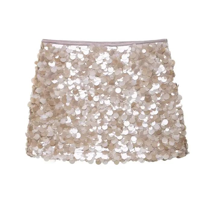 BSAY néon sequin jupe été nouveau 2025 doublure côté zip taille haute a-ligne mini