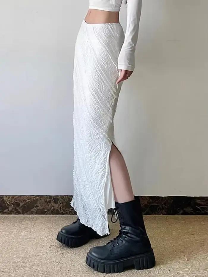 Jupe longue en dentelle blanche élégante pour femmes junior style streetwear vintage été