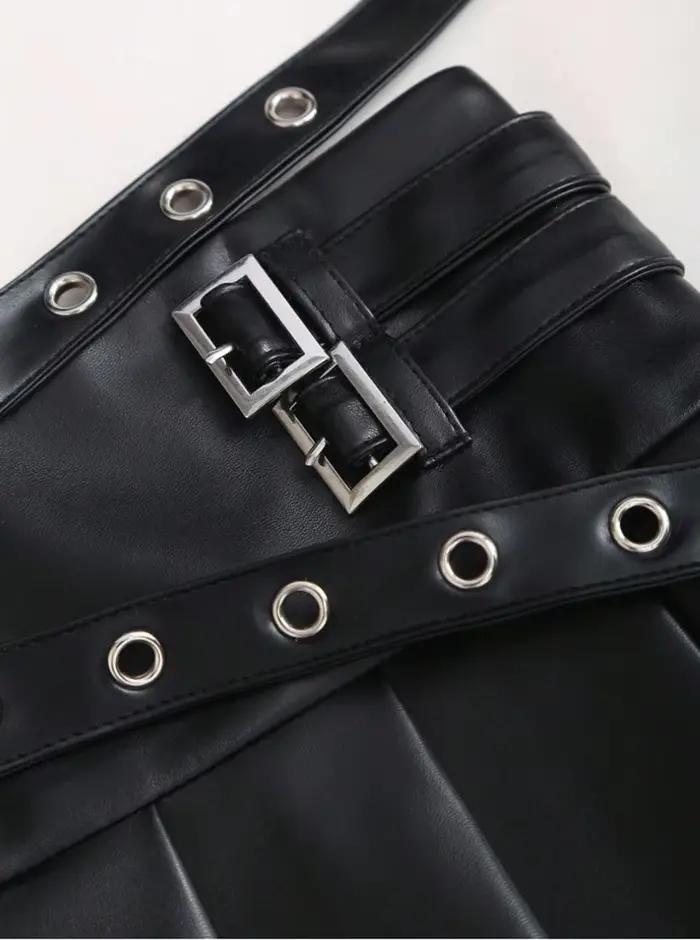 Nouvelle jupe plissée trapèze taille haute en similicuir noir pour femme 2026