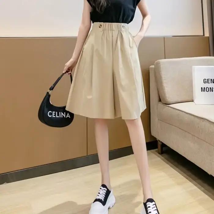 Bermuda demi-jupe femme élégante avec plis, mixte coton-polyester, ajustement lâche, taille élastique, pour l'été, kaki, noir, vert, style décontracté mais sophistiqué, pour les femmes, idéale pour les occasions estivales