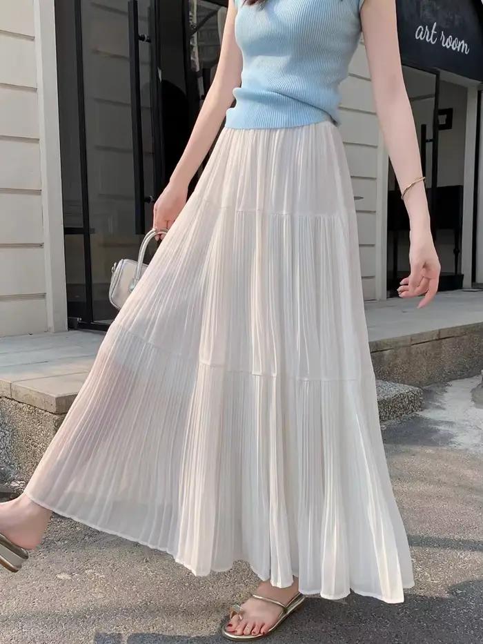 Été 2025 jupe longue plissée en mousseline de soie à plusieurs niveaux fille fluide a-ligne taille haute