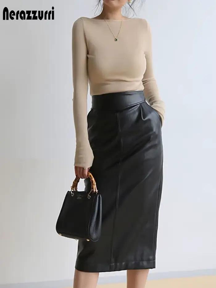 Jupe mi-longue en simili cuir PU pour femme, fermeture éclair fente latérale, silhouette élégante, adaptable à toutes les tailles, polyvalente pour bureau et soirées