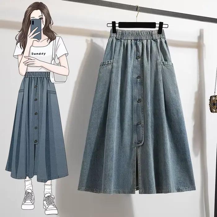 Mode coréenne 2025 nouvelle jupe de Cowboy d'été femmes décontracté sauvage ample taille haute mi-longue