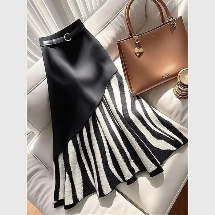 Jupe midi pour femme en similicuir patchwork à rayures zébrées asymétriques