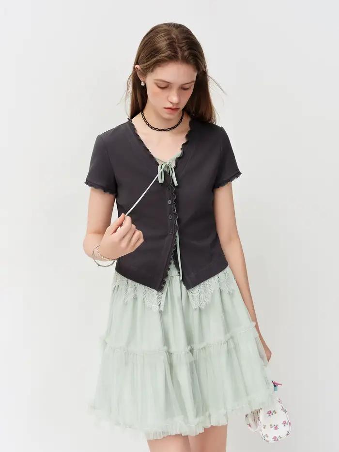 Jupe trapèze en tulle style français vert FSLE, nouvelle collection été 2026, double couche, plis à volants, silhouette élégante, sortie nocturne, décontractée, femmes, occassions spéciales