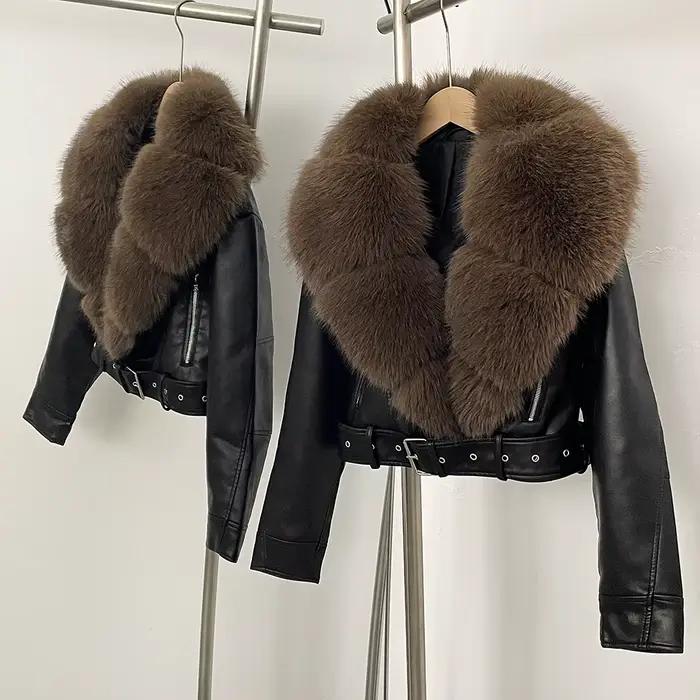 Manteau en fausse fourrure femme automne veste en Faux cuir vêtements courts à manches longues printemps nouvelle veste en fourrure PU poches artificielles pour femmes