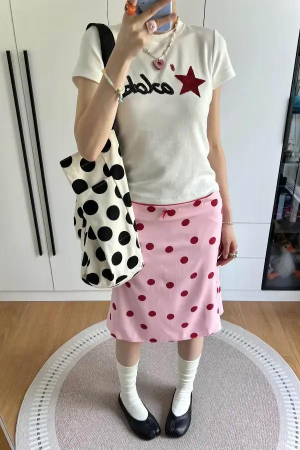 Jupe mi-longue tube droite à pois rose style rétro américain pour femme été 2026 coupe régulière polyester légèrement extensible style junior occassions spéciales