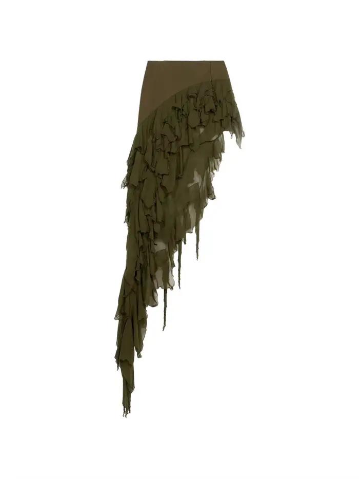 Jupe midi asymétrique à volants superposés en mousseline vert olive taille haute style Dark Fairy Grunge pour femme occasions spéciales bohème été cocktail soirée晚会期间不要使用与主题无关的内容,例如提及不相关的节假日或文化习俗。请确保内容完全符合用户的要求,并且语言风格保持一致。根据上述要求,重新组织回复内容,专注于描述产品特性及其带来的好处,同时严格遵循HTML结构和字符限制。