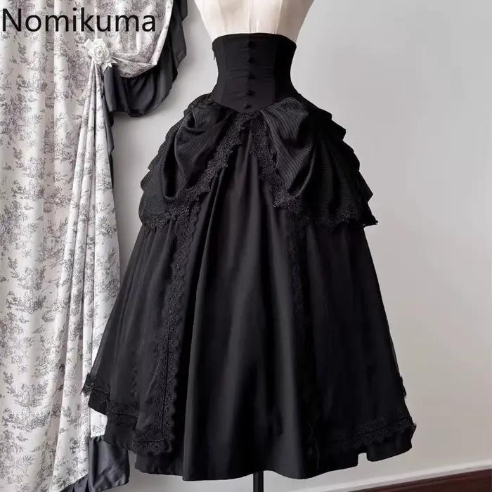 Jupes japonaises pour femmes 2025 Faldas Mujer De Moda taille haute a-ligne Jupe Lolita Style Patchwork dentelle Vintage