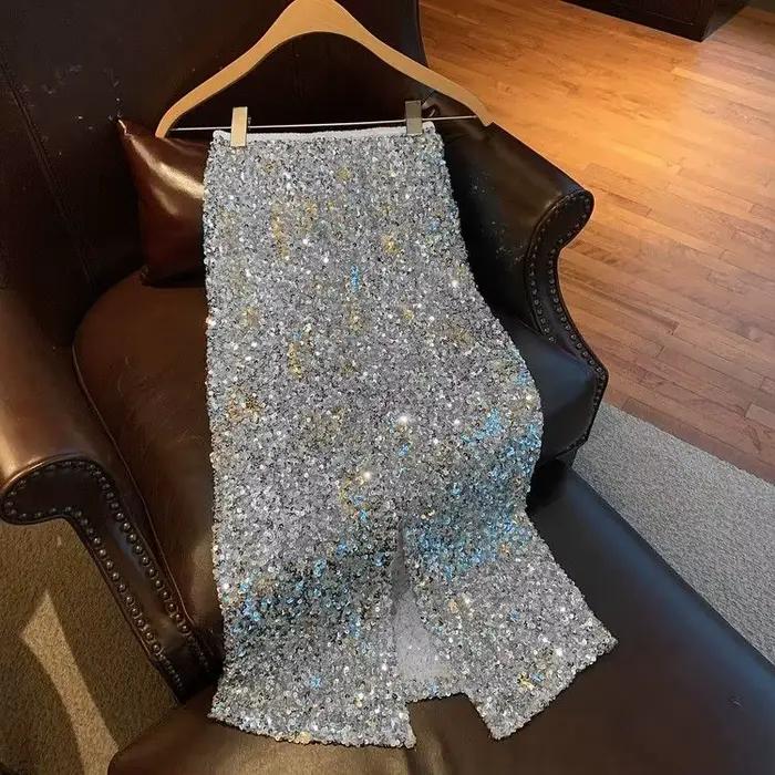 Chic noir et argent Paillettes Jupe Midi Style coréen Юбки Faldas Mujer