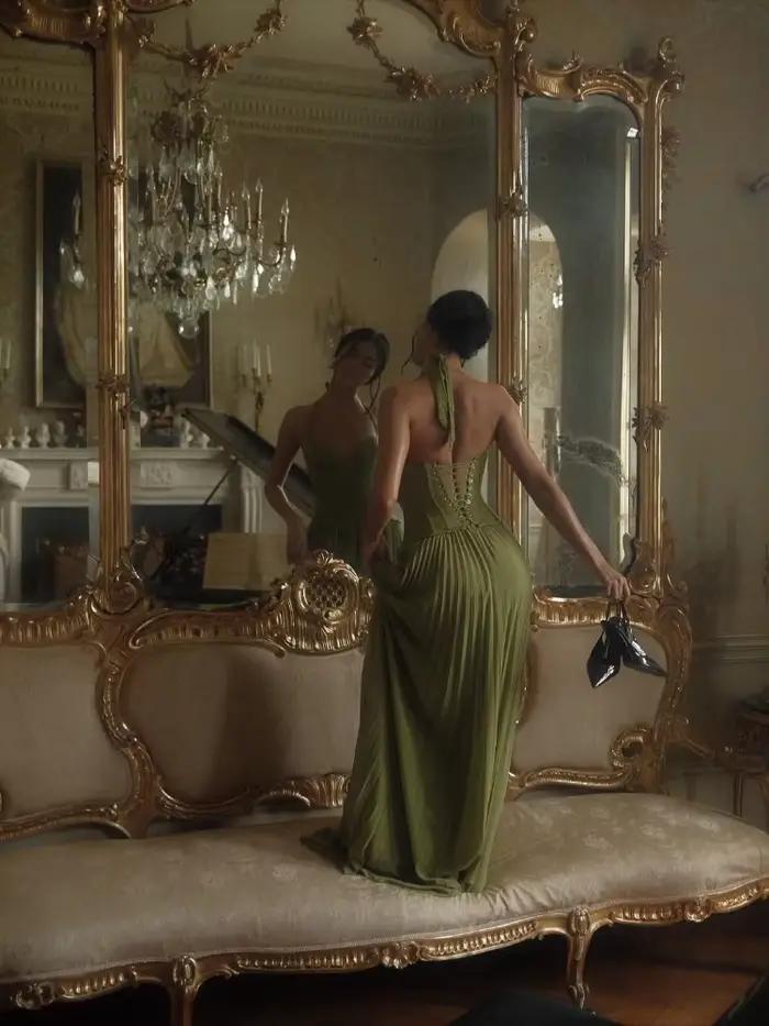 Élégante Robe Longue Plissée Vert Olive pour Femme