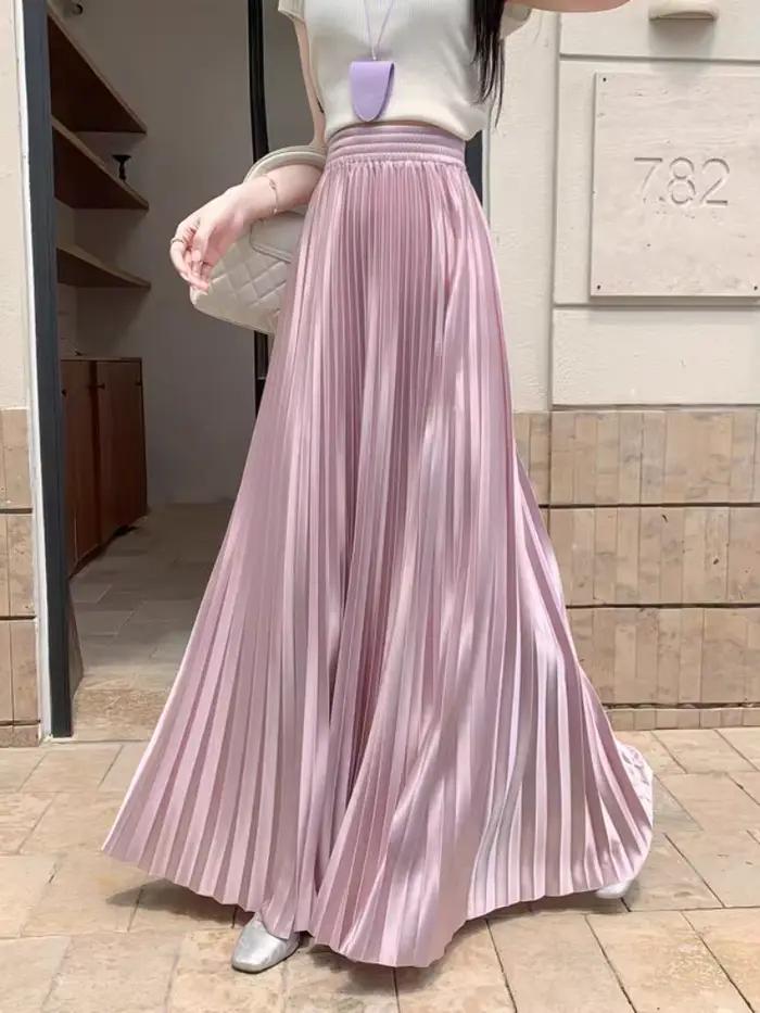 Jupe longue plissée en satin pour femmes grandes