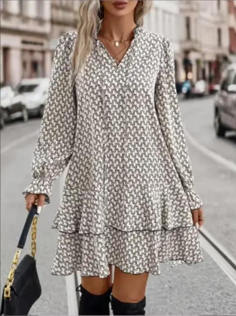 Grande taille 1XL-5XL femmes mode robe imprimée col en v décontracté à manches longues fête manches évasées à volants robe ample