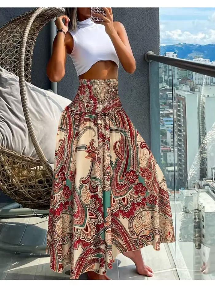 Jupe taille haute élastique bohème pour femmes