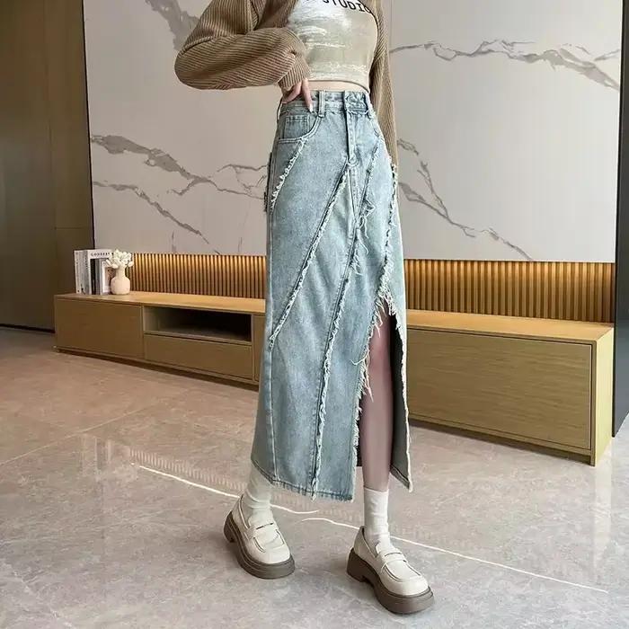Jupe mi-longue évasée taille haute amincissante avec franges asymétriques pour femme