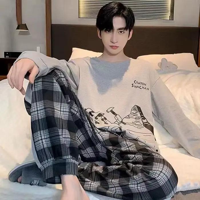 Pyjamas hommes manches longues et pantalons printemps et automne Style Simple et respirant vêtements de nuit étudiant jeunesse vêtements de détente vêtements de nuit